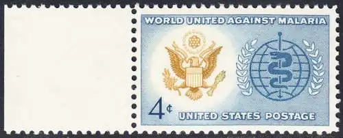 USA Michel 0823 / Scott 1194 postfrisch EINZELMARKE RAND links - Kampf gegen die Malaria; Großes Siegel der USA, WHO-Emblem