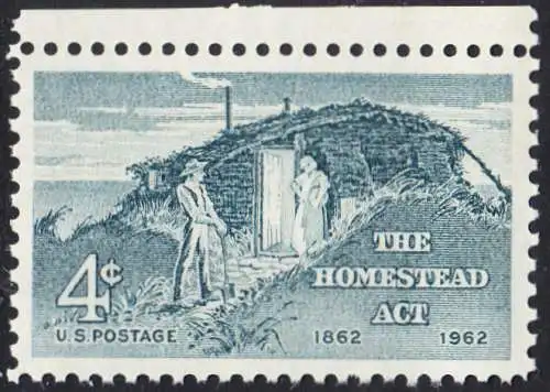 USA Michel 0828 / Scott 1198 postfrisch EINZELMARKE RAND oben (a2) - 100 Jahre Heimstättengesetz; Siedlerpaar vor behelfsmäßigem Heim