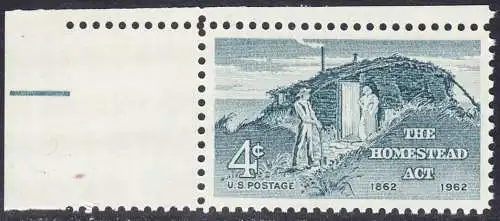 USA Michel 0828 / Scott 1198 postfrisch EINZELMARKE RÄNDER oben & links - 100 Jahre Heimstättengesetz; Siedlerpaar vor behelfsmäßigem Heim
