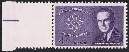 USA Michel 0830 / Scott 1200 postfrisch EINZELMARKE RAND links (a2) - 10. Todestag von Brien McMahon: Atommodell; Senator James O’Brien McMahon, „Vater der amerikanischen Friedens-Atompolitik“