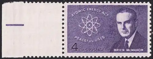 USA Michel 0830 / Scott 1200 postfrisch EINZELMARKE RAND links (a3) - 10. Todestag von Brien McMahon: Atommodell; Senator James O’Brien McMahon, „Vater der amerikanischen Friedens-Atompolitik“