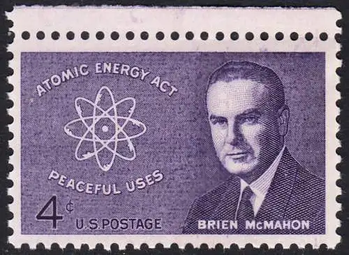 USA Michel 0830 / Scott 1200 postfrisch EINZELMARKE RAND oben - 10. Todestag von Brien McMahon: Atommodell; Senator James O’Brien McMahon, „Vater der amerikanischen Friedens-Atompolitik“