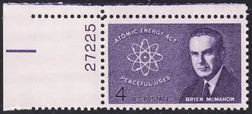 USA Michel 0830 / Scott 1200 postfrisch EINZELMARKE ECKRAND oben links m/Platten-# 27225 - 10. Todestag von Brien McMahon: Atommodell; Senator James O’Brien McMahon, „Vater der amerikanischen Friedens-Atompolitik“