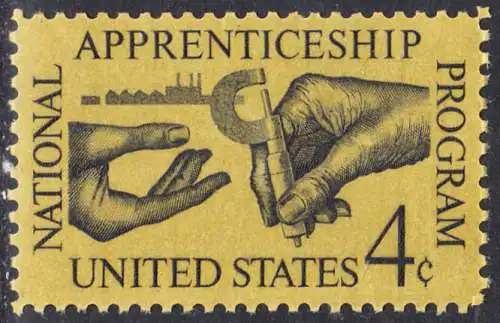 USA Michel 0831 / Scott 1201 postfrisch EINZELMARKE (a2) - 25 Jahre nationales Lehrlingsausbildungsgesetz; Facharbeiter übergibt Lehrling Mikrometerschraube