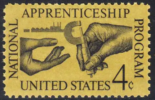 USA Michel 0831 / Scott 1201 postfrisch EINZELMARKE (a3) - 25 Jahre nationales Lehrlingsausbildungsgesetz; Facharbeiter übergibt Lehrling Mikrometerschraube