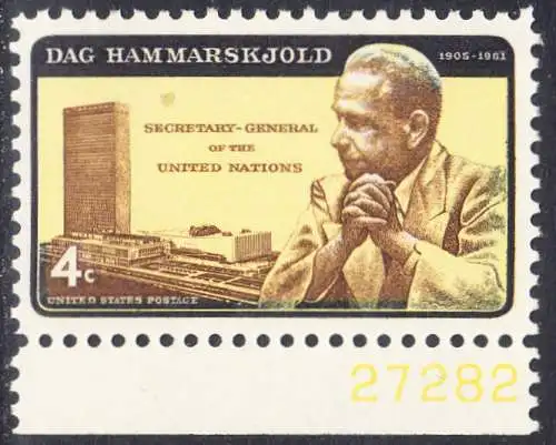 USA Michel 0833I / Scott 1203 postfrisch EINZELMARKE RAND unten - Dag Hammarskjöld, UN-Generalsekretär vor UNO-Gebäude 