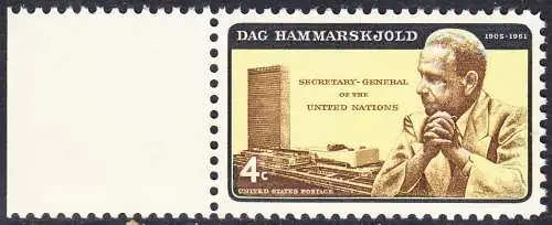 USA Michel 0833I / Scott 1203 postfrisch EINZELMARKE RAND links - Dag Hammarskjöld, UN-Generalsekretär vor UNO-Gebäude 