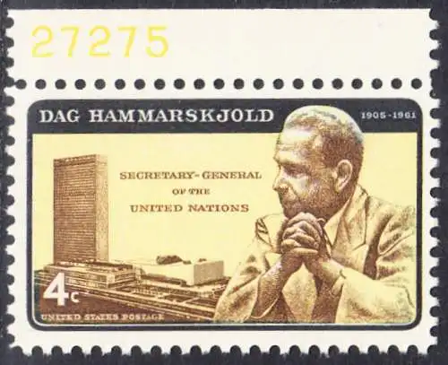 USA Michel 0833I / Scott 1203 postfrisch EINZELMARKE RAND oben m/ Platten-# 27275 - Dag Hammarskjöld, UN-Generalsekretär vor UNO-Gebäude 