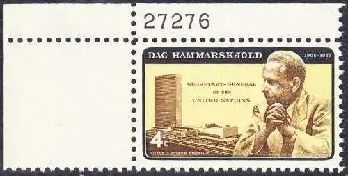 USA Michel 0833I / Scott 1203 postfrisch EINZELMARKE ECKRAND oben links m/ Platten-# 27276 - Dag Hammarskjöld, UN-Generalsekretär vor UNO-Gebäude 