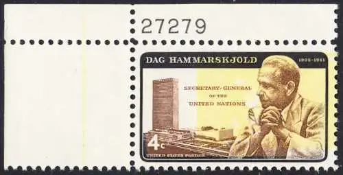 USA Michel 0833II / Scott 1204 postfrisch EINZELMARKE ECKRAND oben links m/Platten-# 27279 (a2) - Dag Hammarskjöld, UN-Generalsekretär vor UNO-Gebäude 