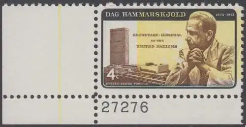 USA Michel 0833II / Scott 1204 postfrisch EINZELMARKE ECKRAND unten links m/Platten-# 27276 - Dag Hammarskjöld, UN-Generalsekretär vor UNO-Gebäude 