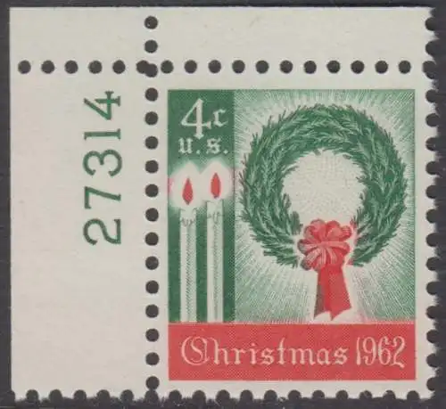USA Michel 0834 / Scott 1205 postfrisch EINZELMARKE ECKRAND oben links m/Platten-# 27314 - Weihnachten 