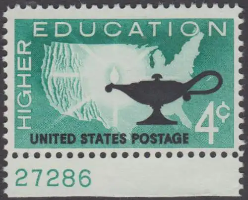 USA Michel 0835 / Scott 1206 postfrisch EINZELMARKE RAND unten m/ Platten-# 27286 - Förderung der Hochschulausbildung; Landkarte der USA, Öllampe
