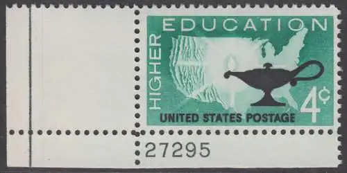 USA Michel 0835 / Scott 1206 postfrisch EINZELMARKE ECKRAND unten links m/ Platten-# 27295 - Förderung der Hochschulausbildung; Landkarte der USA, Öllampe
