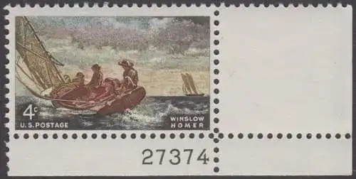 USA Michel 0837 / Scott 1207 postfrisch EINZELMARKE ECKRAND unten rechts m/Platten-# 27374 - Winslow Homer, Maler