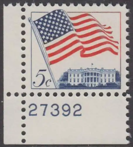 USA Michel 0838 / Scott 1208 postfrisch EINZELMARKE ECKRAND unten links m/ Platten-# 27392- Flagge und Weißes Haus