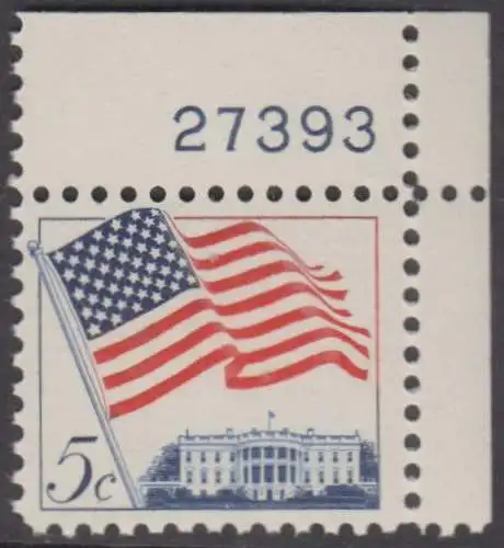USA Michel 0838 / Scott 1208 postfrisch EINZELMARKE ECKRAND oben rechts m/ Platten-# 27393- Flagge und Weißes Haus