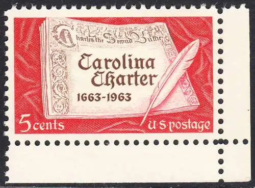 USA Michel 0839 / Scott 1230 postfrisch EINZELMARKE RÄNDER rechts & unten - 300 Jahre „Carolina Charter“