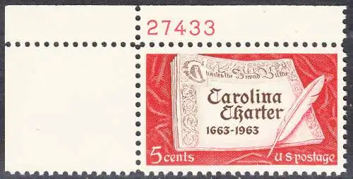 USA Michel 0839 / Scott 1230 postfrisch EINZELMARKE ECKRAND oben links m/Platten-# 27433 - 300 Jahre „Carolina Charter“