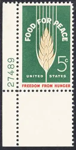 USA Michel 0841 / Scott 1231 postfrisch EINZELMARKE ECKRAND unten links m/Platten-# 27489 - Kampf gegen den Hunger; Weizenähre