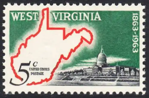 USA Michel 0842 / Scott 1232 postfrisch EINZELMARKE (a2) - 100 Jahre Staat West Virginia; Landkarte von West Virginia, Regierungsgebäude in Charleston