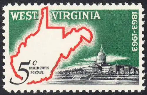 USA Michel 0842 / Scott 1232 postfrisch EINZELMARKE (a3) - 100 Jahre Staat West Virginia; Landkarte von West Virginia, Regierungsgebäude in Charleston