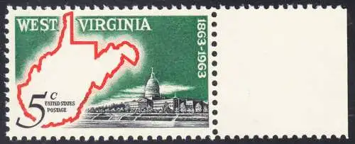 USA Michel 0842 / Scott 1232 postfrisch EINZELMARKE RAND rechts (a2) - 100 Jahre Staat West Virginia; Landkarte von West Virginia, Regierungsgebäude in Charleston