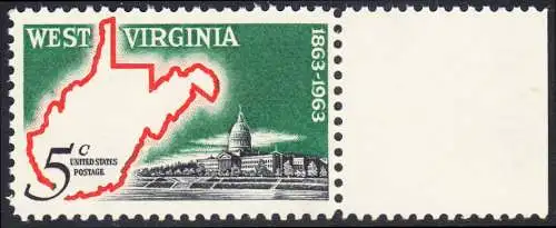 USA Michel 0842 / Scott 1232 postfrisch EINZELMARKE RAND rechts (a3) - 100 Jahre Staat West Virginia; Landkarte von West Virginia, Regierungsgebäude in Charleston