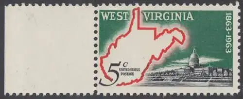 USA Michel 0842 / Scott 1232 mit Falzrest EINZELMARKE RAND links - 100 Jahre Staat West Virginia; Landkarte von West Virginia, Regierungsgebäude in Charleston