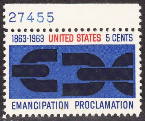 USA Michel 0846 / Scott 1233 postfrisch EINZELMARKE RAND oben m/ Platten-# 27455 - 100. Jahrestag der Verkündung der bürgerlichen Gleichstellung durch Abraham Lincoln