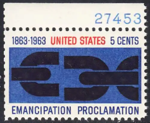 USA Michel 0846 / Scott 1233 postfrisch EINZELMARKE RAND oben m/ Platten-# 27456 - 100. Jahrestag der Verkündung der bürgerlichen Gleichstellung durch Abraham Lincoln