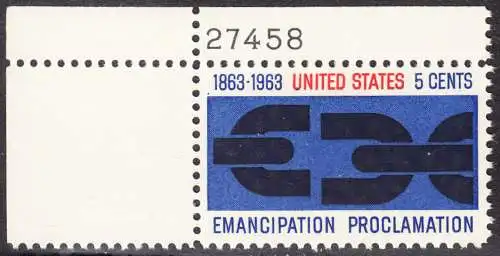 USA Michel 0846 / Scott 1233 postfrisch EINZELMARKE ECKRAND oben links m/ Platten-# 27458 - 100. Jahrestag der Verkündung der bürgerlichen Gleichstellung durch Abraham Lincoln