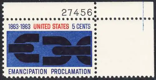USA Michel 0846 / Scott 1233 postfrisch EINZELMARKE ECKRAND oben rechts m/ Platten-# 27456 - 100. Jahrestag der Verkündung der bürgerlichen Gleichstellung durch Abraham Lincoln