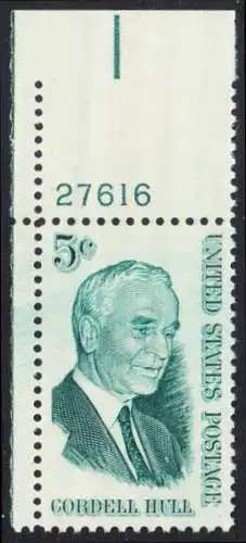USA Michel 0848 / Scott 1235 postfrisch EINZELMARKE ECKRAND oben links m/ Platten-# 27616 - Cordell Hull, Politiker, Friedensnobelpreis 1945