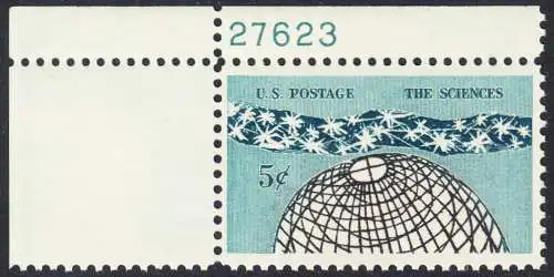USA Michel 0850 / Scott 1237 postfrisch EINZELMARKE ECKRAND oben links m/ Platten-# 27623 - 100 Jahre Nationalakademie der Wissenschaften; „Das Universum“