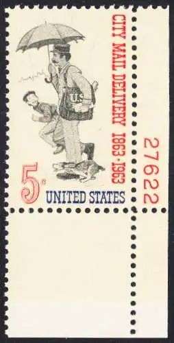 USA Michel 0851 / Scott 1238 postfrisch EINZELMARKE ECKRAND unten rechts m/Platten-# 27622 (a2) - 100 Jahre Postzustellung in den Städten; Postbote (19. Jh.) 