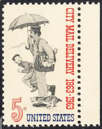 USA Michel 0851 / Scott 1238 postfrisch EINZELMARKE RAND rechts - 100 Jahre Postzustellung in den Städten; Postbote (19. Jh.) 