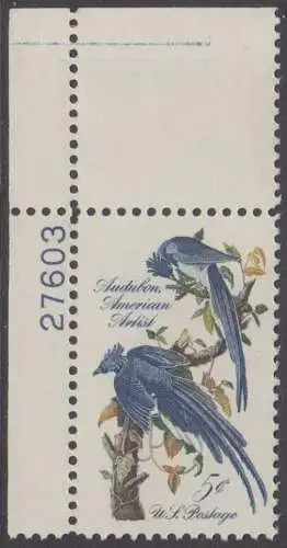 USA Michel 0854 / Scott 1241 postfrisch EINZELMARKE ECKRAND oben links m/Platten-# 27603 - John James Audubon; Zeichner und Ornithologe