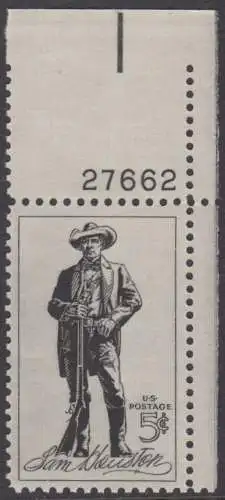 USA Michel 0855 / Scott 1242 postfrisch EINZELMARKE ECKRAND oben rechts m/Platten-# 27662 - Sam Houston, Sieger von San Jacinto, Präsident von Texas, US-Senator