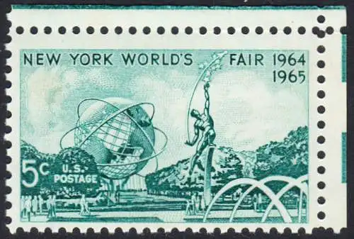 USA Michel 0857 / Scott 1244 postfrisch EINZELMARKE ECKRAND obem rechts - Weltausstellung 1964/1965, New York