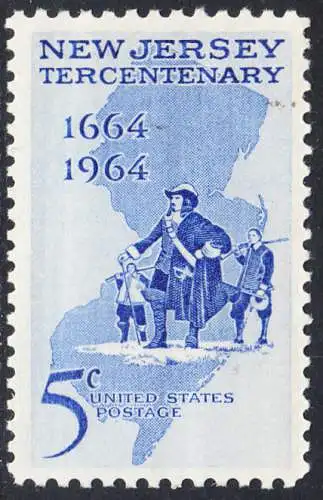 USA Michel 0861 / Scott 1247 postfrisch EINZELMARKE (a2) - 300 Jahre New Jersey; Landkarte, Philip Carteret landet am Strand von New Jersey 