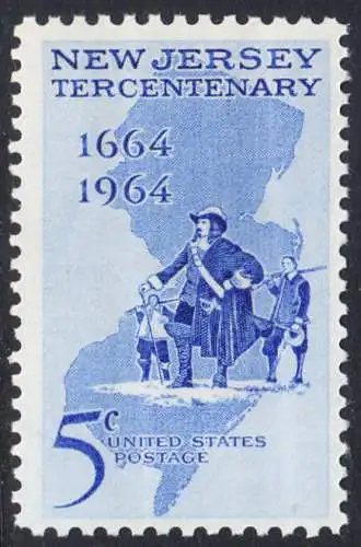 USA Michel 0861 / Scott 1247 postfrisch EINZELMARKE (a3) - 300 Jahre New Jersey; Landkarte, Philip Carteret landet am Strand von New Jersey 