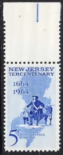 USA Michel 0861 / Scott 1247 postfrisch EINZELMARKE RAND oben (a2)  - 300 Jahre New Jersey; Landkarte, Philip Carteret landet am Strand von New Jersey 