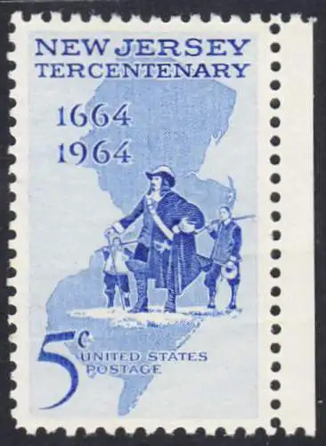 USA Michel 0861 / Scott 1247 postfrisch EINZELMARKE RAND rechts (a2) - 300 Jahre New Jersey; Landkarte, Philip Carteret landet am Strand von New Jersey 