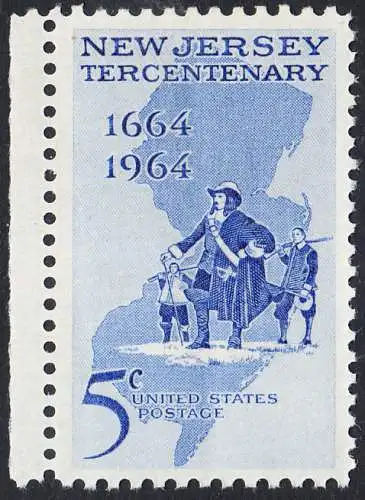 USA Michel 0861 / Scott 1247 postfrisch EINZELMARKE RAND links - 300 Jahre New Jersey; Landkarte, Philip Carteret landet am Strand von New Jersey 