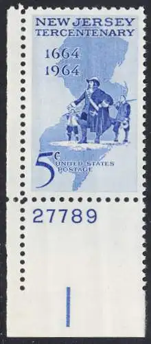 USA Michel 0861 / Scott 1247 postfrisch EINZELMARKE ECKRAND unten links m/ Platten-# 27789 - 300 Jahre New Jersey; Landkarte, Philip Carteret landet am Strand von New Jersey 