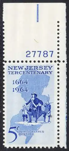 USA Michel 0861 / Scott 1247 postfrisch EINZELMARKE ECKRAND oben rechts m/ Platten-# 27787 - 300 Jahre New Jersey; Landkarte, Philip Carteret landet am Strand von New Jersey 