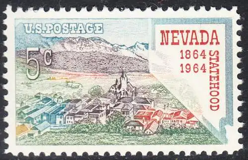 USA Michel 862 / Scott 1248 postfrisch EINZELMARKE (a1) - 100 Jahre Staat Nevada; Virginia City, Landkarte von Nevada