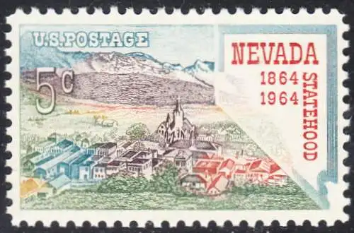 USA Michel 862 / Scott 1248 postfrisch EINZELMARKE (a3) - 100 Jahre Staat Nevada; Virginia City, Landkarte von Nevada