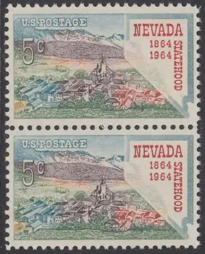 USA Michel 0862 / Scott 1248 postfrisch vert.PAAR (a2) - 100 Jahre Staat Nevada; Virginia City, Landkarte von Nevada